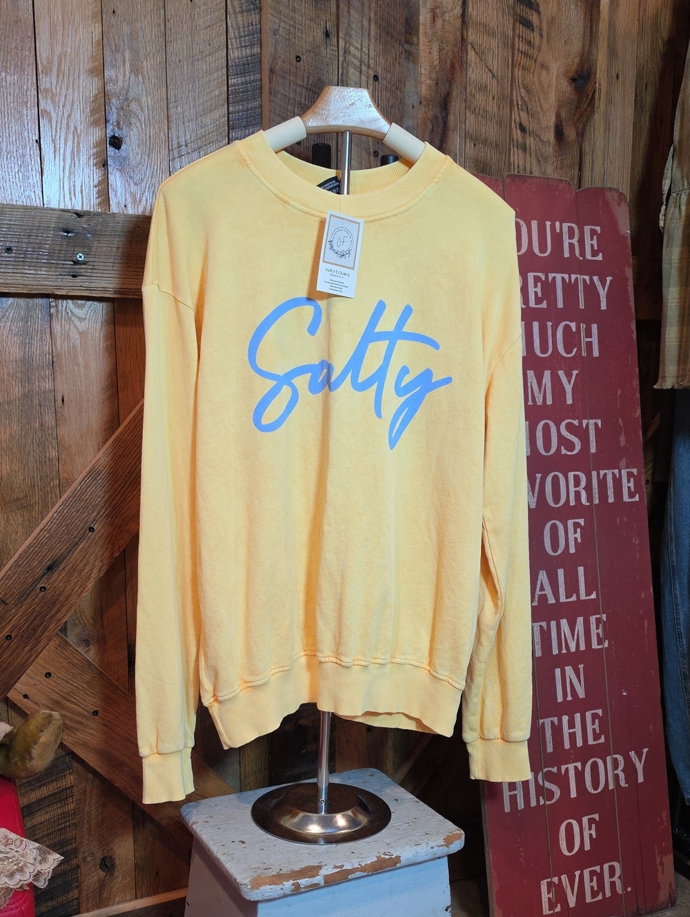 195p Vintage Point French Terry Yellow Crewneck w Blue "Salty" Script